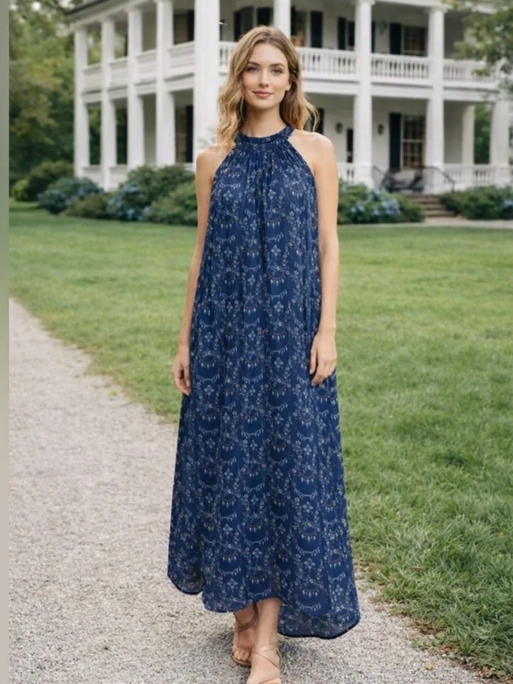Sleeveless Navy Halter Maxi Dress with Subtle Print